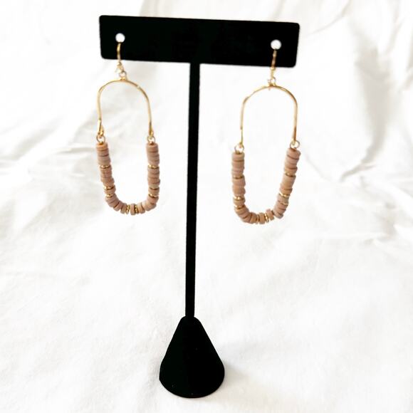 Wooden Disc Beaded Oval Arch Cutout Drop Earrings - Picture 3 of 7